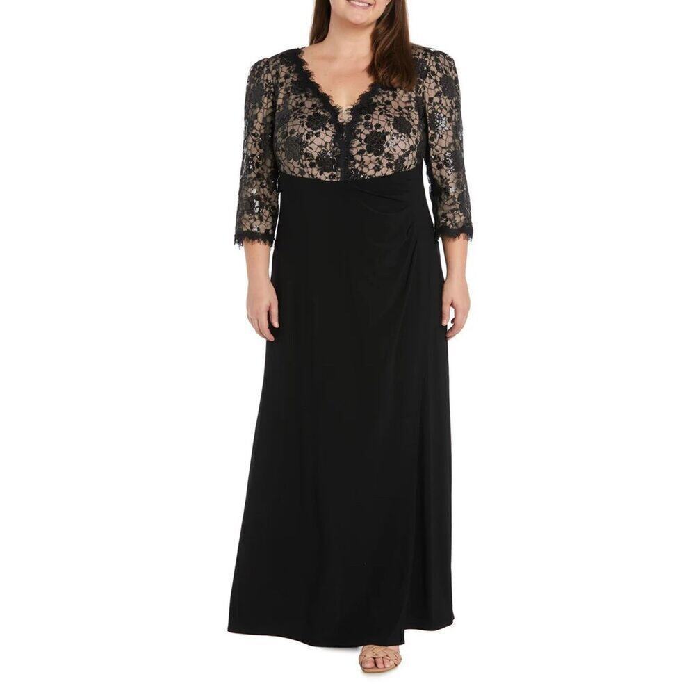 R&M Richards Gown Size 10 Black‎ Beige Lace 3/4 Sleeve Maxi Front Slit Sequined